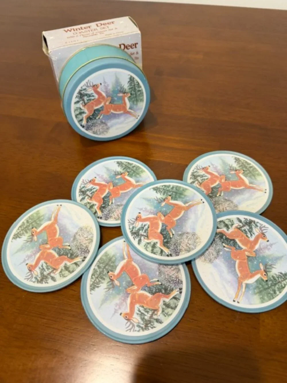 VTG JSNY Cottagecore Winter Deer Coasters 6pc Set With Tin